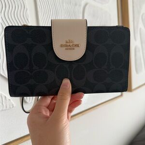Coach Blue Signature Canvas Phone Wallet with Cream Snap and Gold Logo